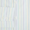 View 4 of product The Turnbull & Asser Multi Tone Double Pinstripe Mayfair Shirt is a long-sleeve pure cotton shirt with a collar and thin blue, green, and yellow double pinstripes on a white background.