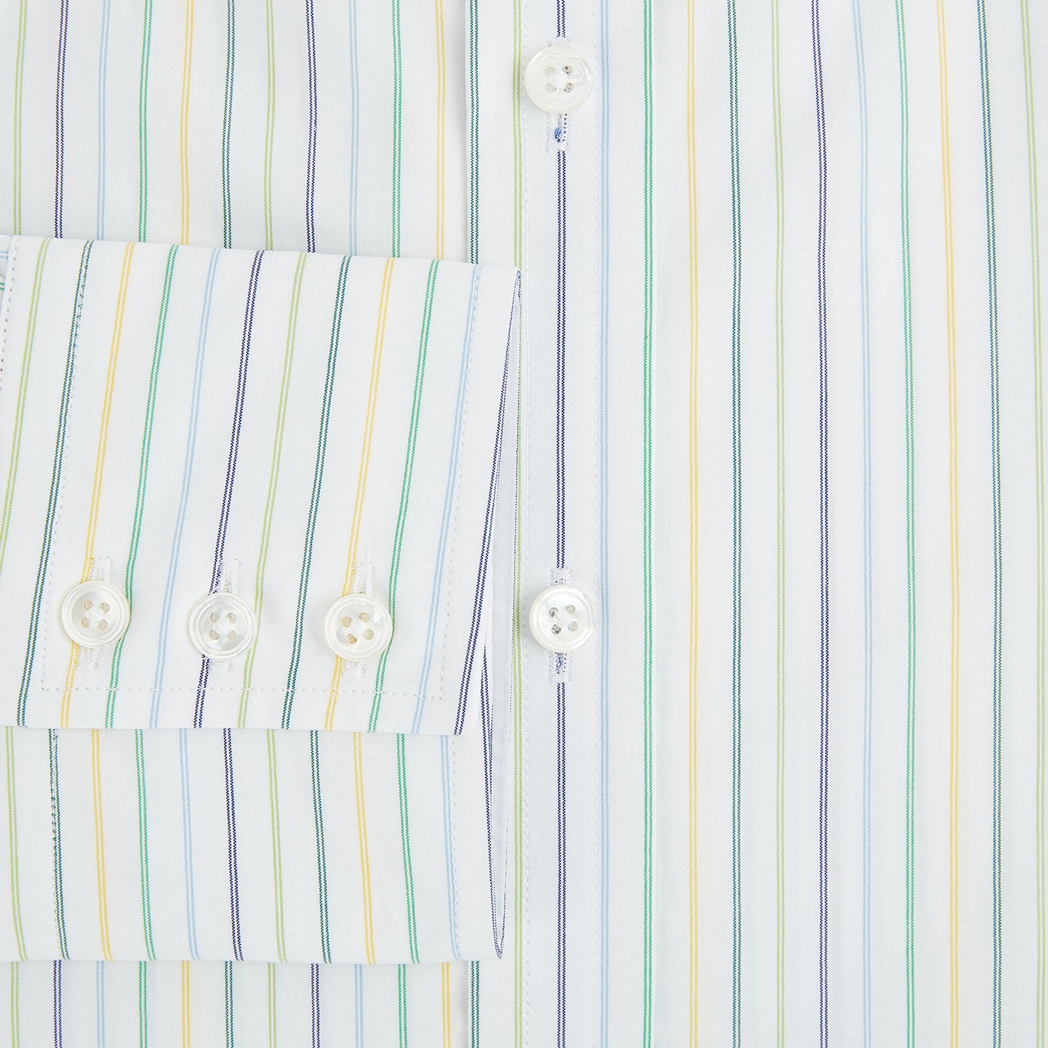 View 4 of product The Turnbull & Asser Multi Tone Double Pinstripe Mayfair Shirt is a long-sleeve pure cotton shirt with a collar and thin blue, green, and yellow double pinstripes on a white background.