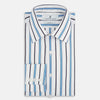 View 5 of product The Sky Blue Multi Candy Stripe Mayfair Shirt by Turnbull & Asser features vertical blue, black, and white stripes, a pointed collar, matching cuffs, and showcases signature British craftsmanship.