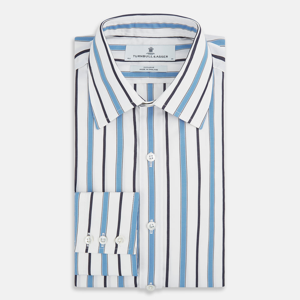 The Sky Blue Multi Candy Stripe Mayfair Shirt by Turnbull & Asser features vertical blue, black, and white stripes, a pointed collar, matching cuffs, and showcases signature British craftsmanship.
