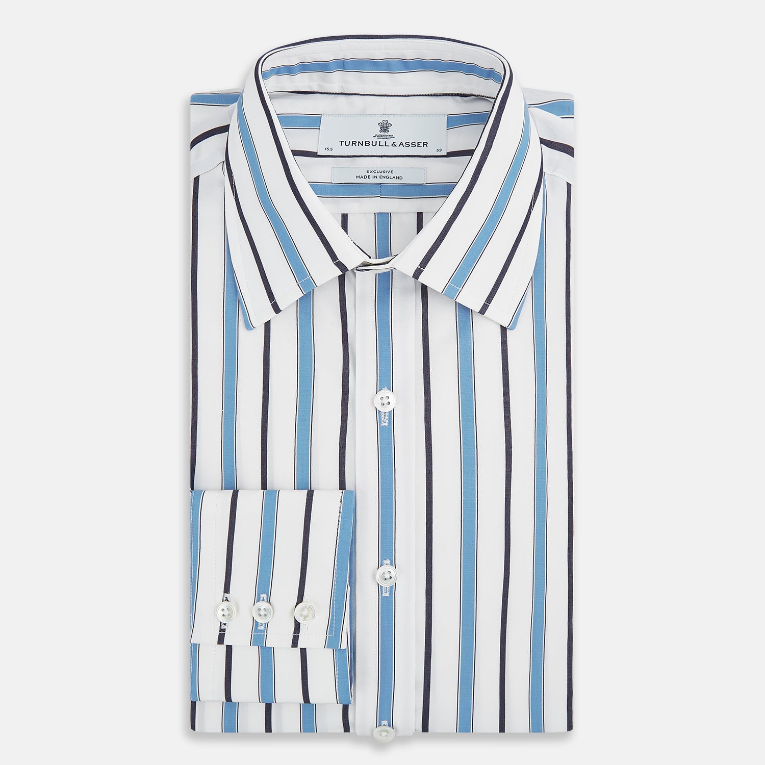 View 5 of product The Sky Blue Multi Candy Stripe Mayfair Shirt by Turnbull & Asser features vertical blue, black, and white stripes, a pointed collar, matching cuffs, and showcases signature British craftsmanship.
