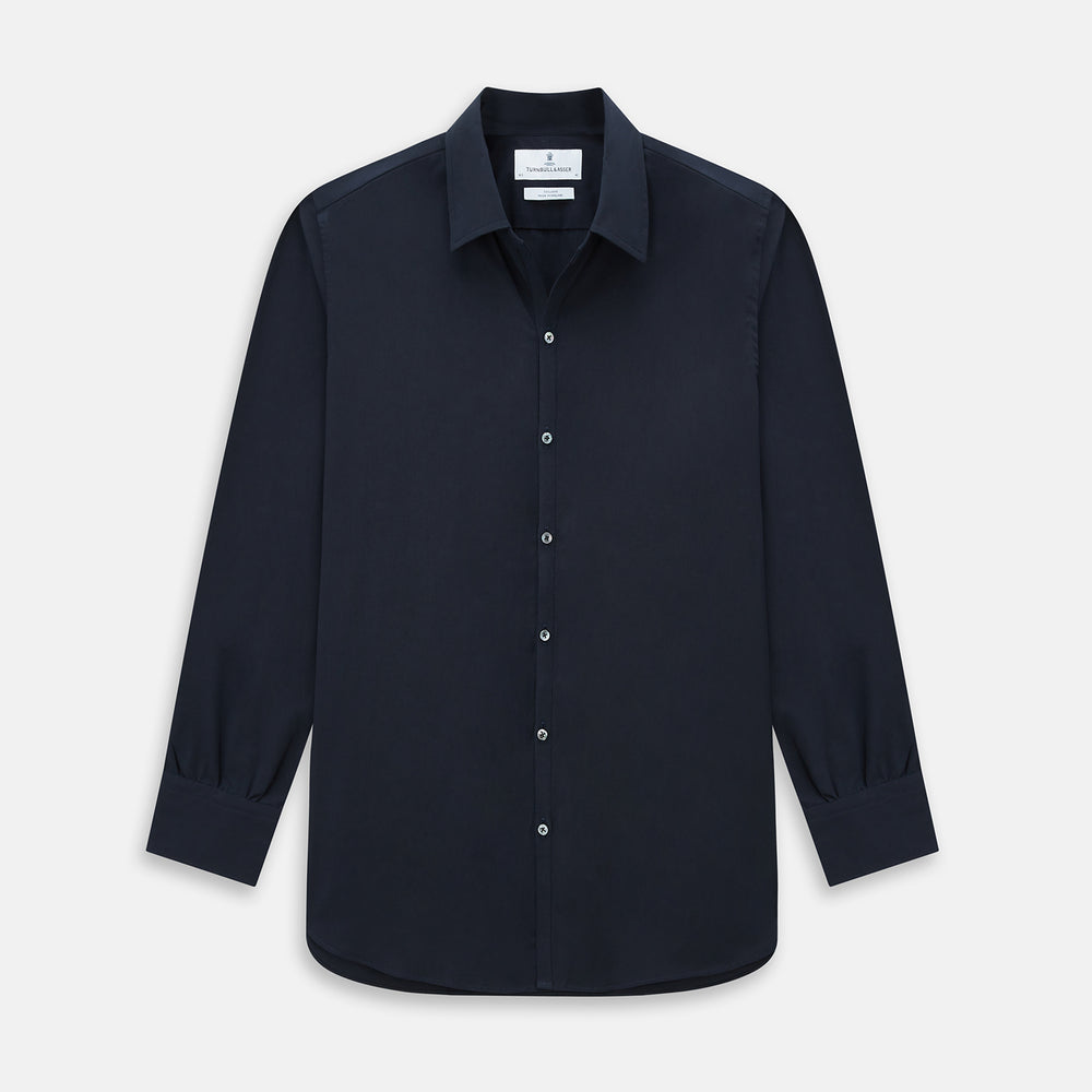 The DARK NAVY WINDSOR SHIRT by Turnbull & Asser is a long-sleeve shirt with a refined Windsor collar, showcasing classic British craftsmanship.