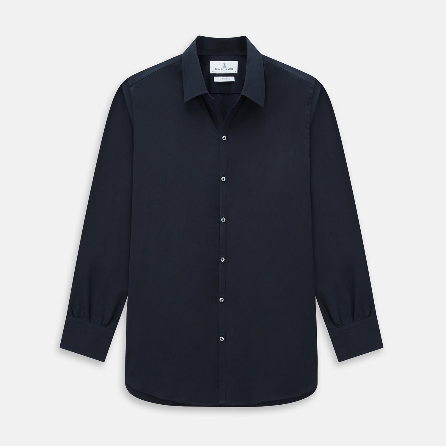 View 1 of product The DARK NAVY WINDSOR SHIRT by Turnbull & Asser is a long-sleeve shirt with a refined Windsor collar, showcasing classic British craftsmanship.