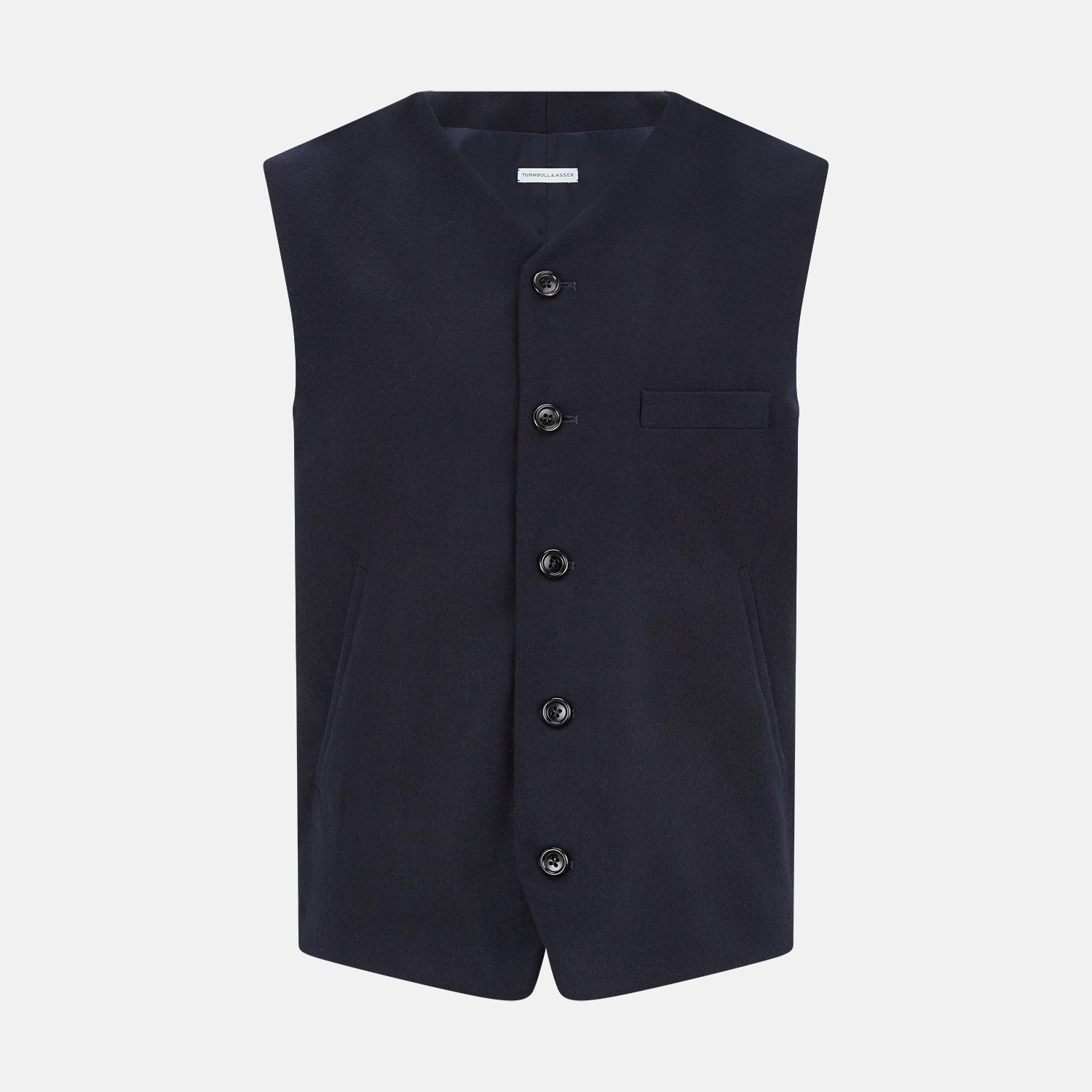 View 1 of product The Turnbull & Asser Navy Single-breasted Waistcoat is a sleeveless wool-cashmere piece with a small chest pocket and two side pockets, shown against a white background—an ideal addition to your winter wardrobe.