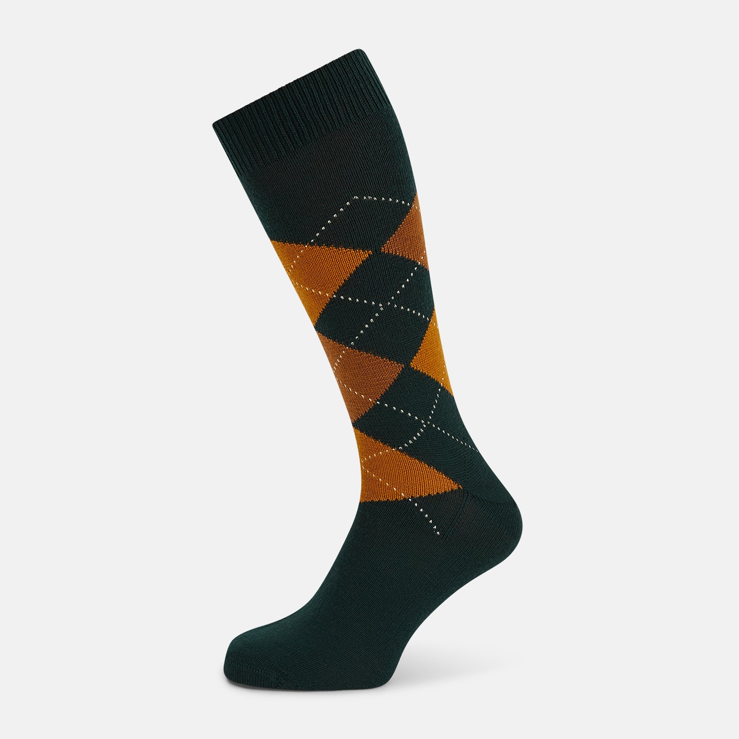 View 1 of product The Forest Green Wool Check Mid-Length Socks by Turnbull & Asser feature a dark green base with orange and brown argyle checks and white dotted lines, shown against a plain white background.
