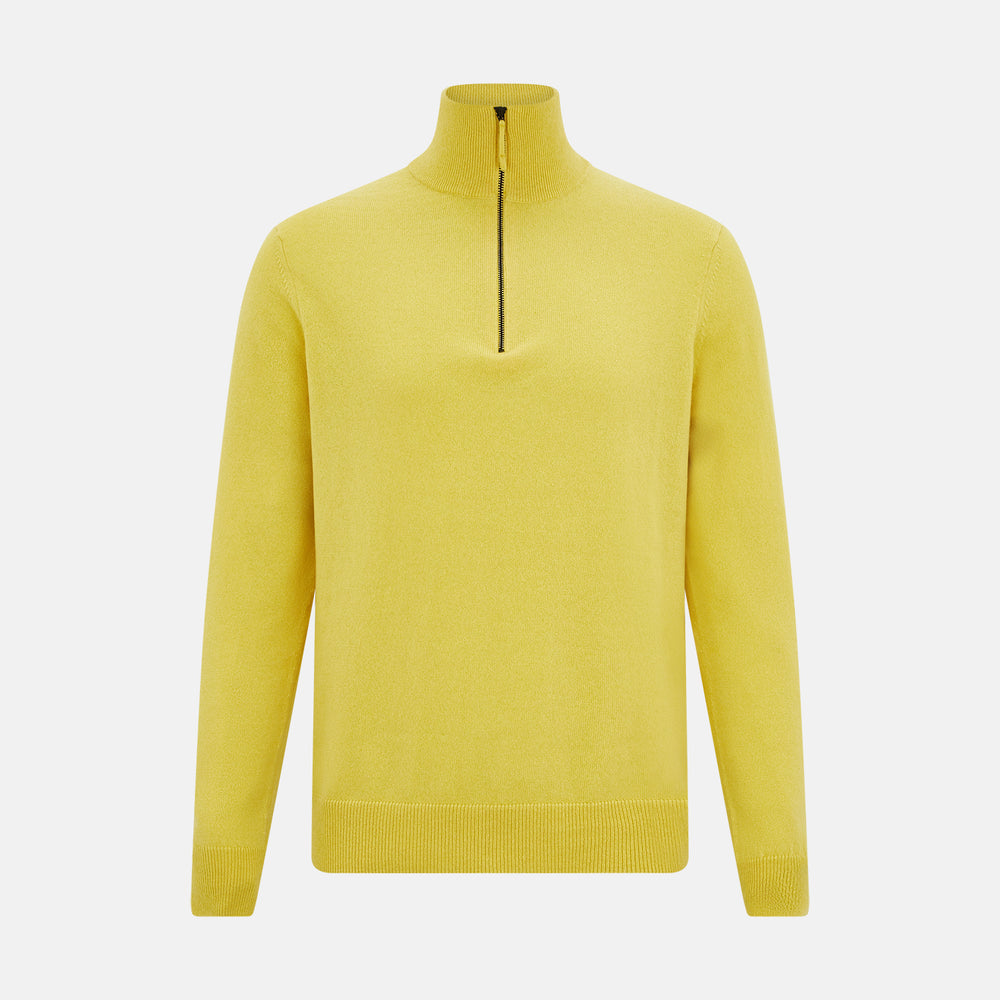 The Turnbull & Asser Canary Yellow Half-Zip Cashmere Jumper features a high collar and front half-zip closure, shown against a white background.