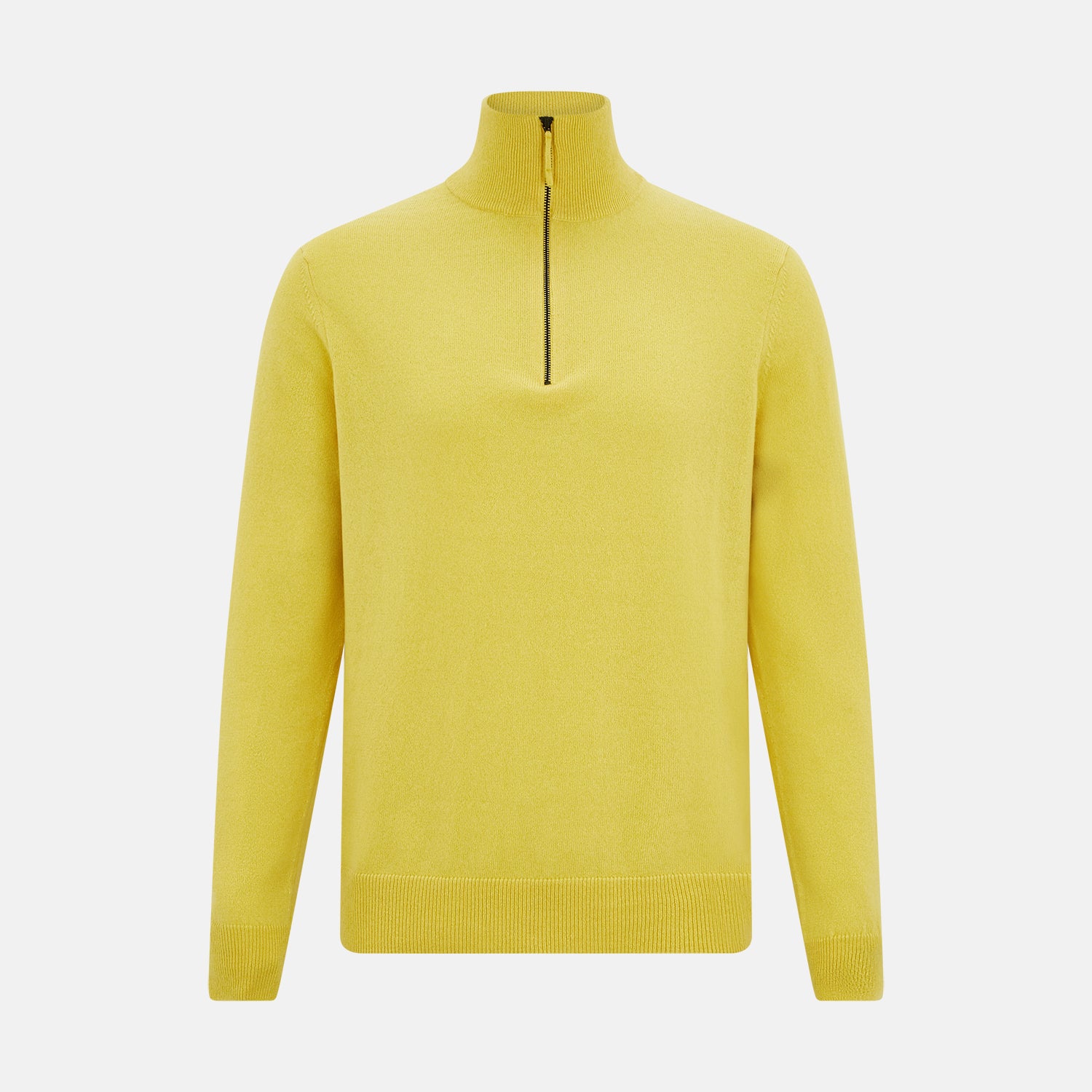 View 1 of product The Turnbull & Asser Canary Yellow Half-Zip Cashmere Jumper features a high collar and front half-zip closure, shown against a white background.