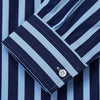 View 2 of product The Turnbull & Asser Navy Multi Stripe Cotton Weekend Fit Suffolk Shirt features vertical blue and navy stripes, a chest pocket, buttoned cuffs, and a classic buttoned Dorset collar.