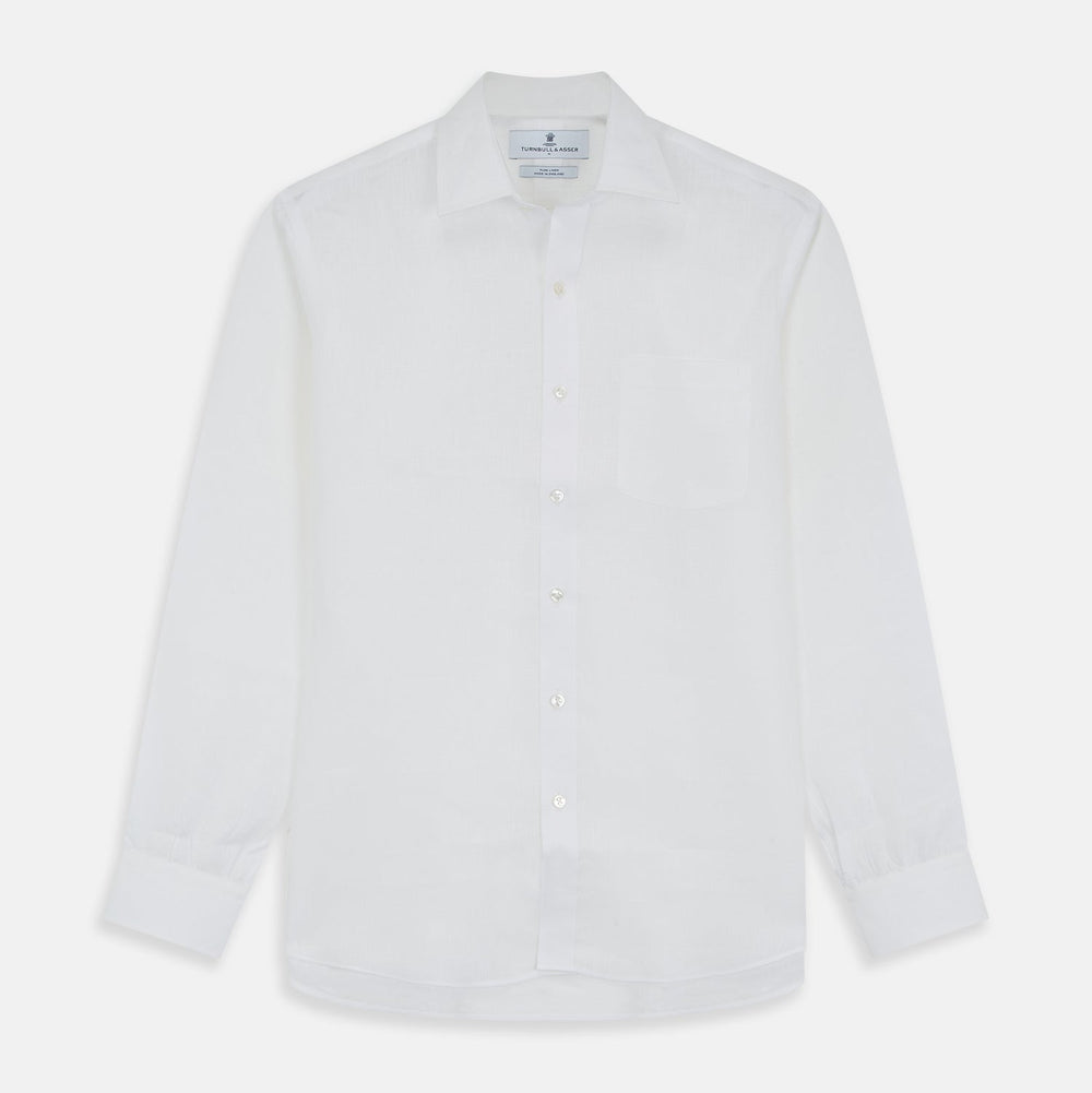 The Turnbull & Asser White Weekend Fit Linen Finch Shirt features a Derby collar and chest pocket, laid flat on a white background—an effortlessly classic choice for casual weekends.