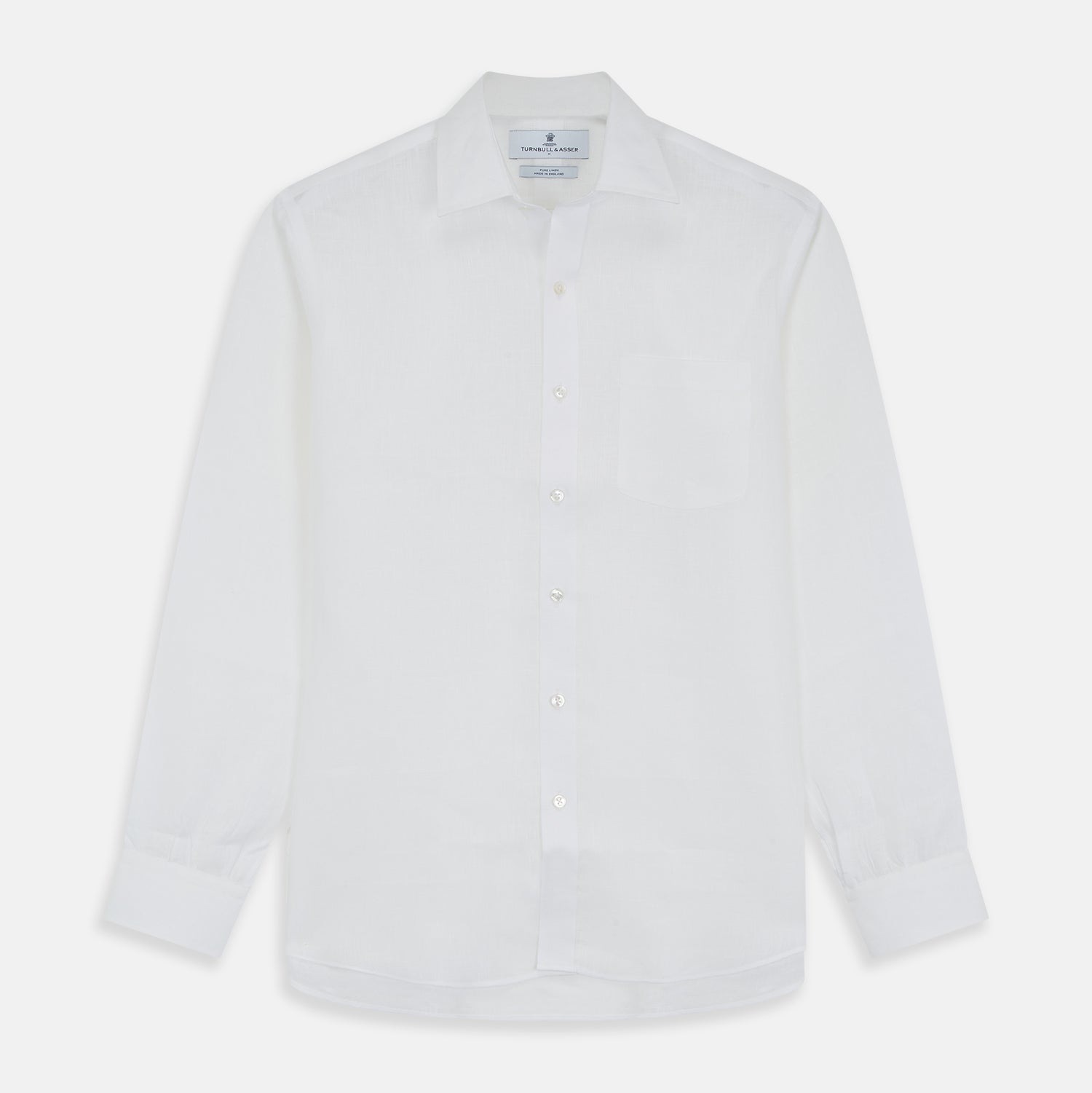 View 1 of product The Turnbull & Asser White Weekend Fit Linen Finch Shirt features a Derby collar and chest pocket, laid flat on a white background—an effortlessly classic choice for casual weekends.