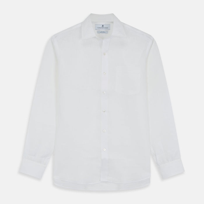 White Weekend Fit Linen Finch Shirt With Derby Collar And Chest Pocket