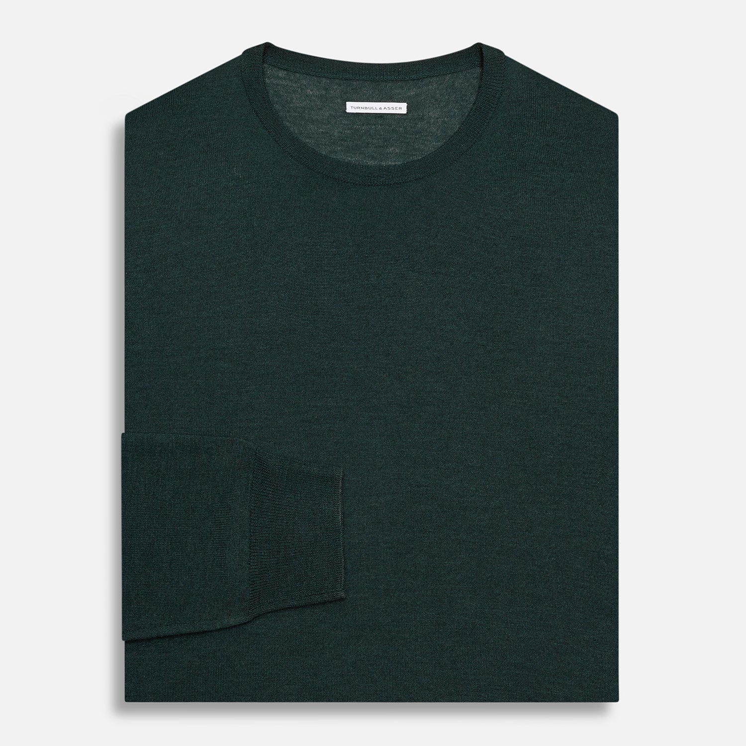 View 4 of product The Turnbull & Asser Forest Green Fine Merino Round Neck Jumper for men is shown on a light gray background. This knitwear features a classic design with ribbed cuffs, hem, and neckline.