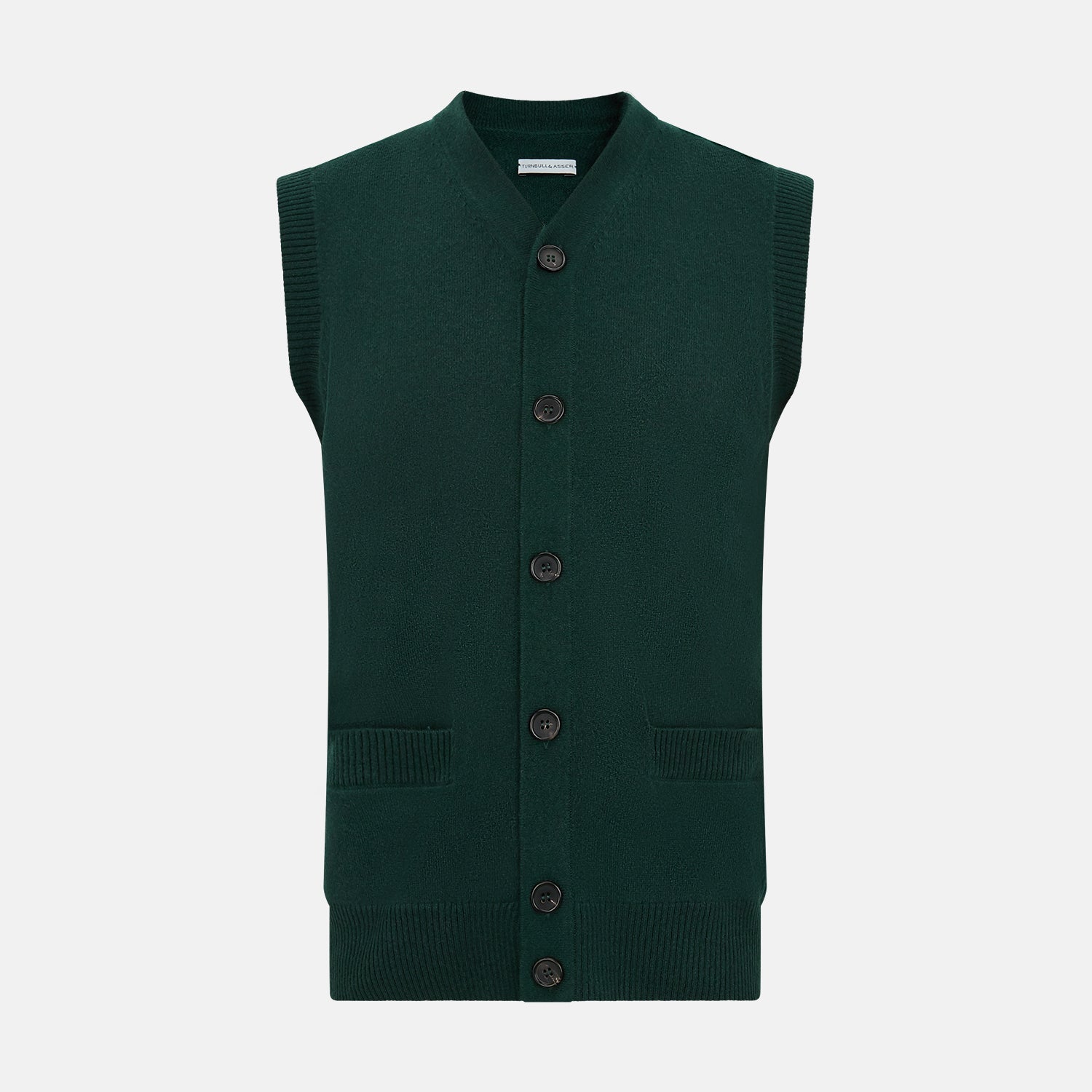 View 1 of product The Forest Green Cashmere Sleeveless Cardigan by Turnbull & Asser features a V-neck, button-down front, ribbed hem and armholes, and two front pockets—an elegant menswear staple shown on a plain white background.