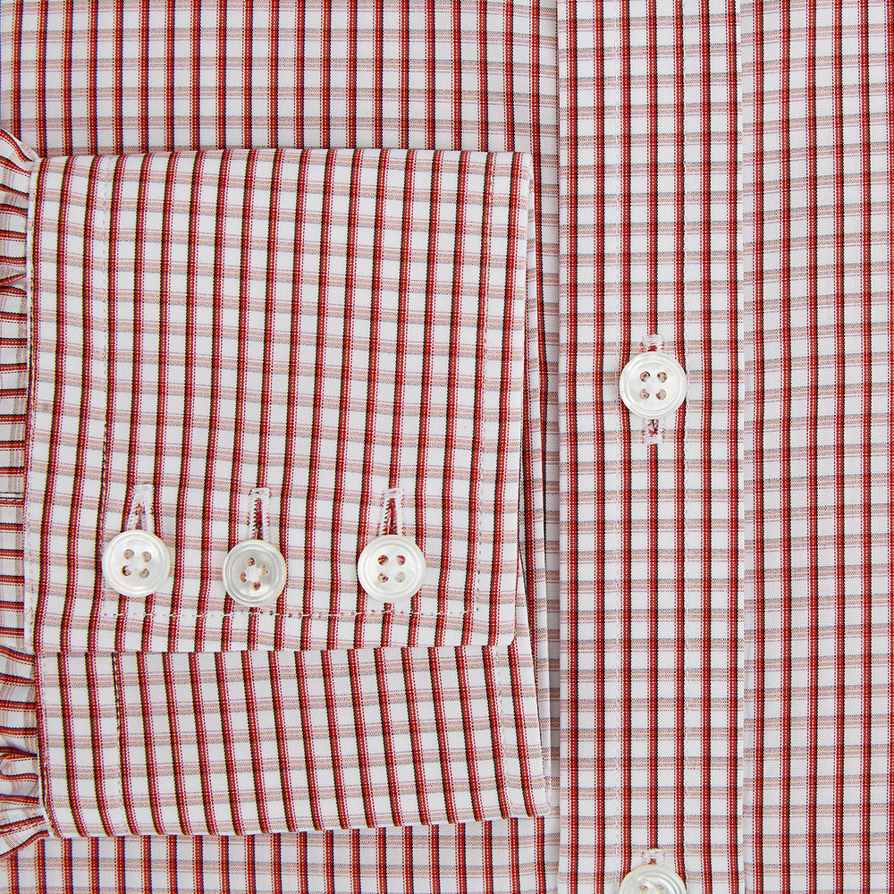 The Turnbull & Asser Red Micro Shadow Check Mayfair Shirt, made from premium Italian cotton with a classic collar and buttoned cuffs, is shown on a plain white background.