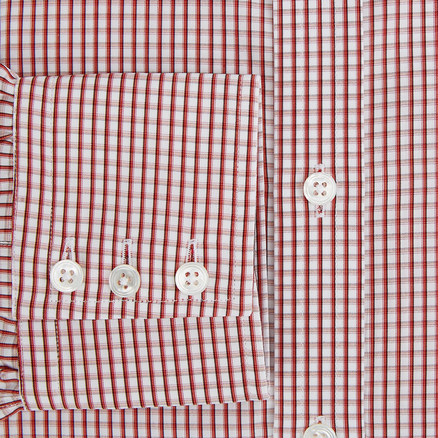 View 6 of product The Turnbull & Asser Red Micro Shadow Check Mayfair Shirt, made from premium Italian cotton with a classic collar and buttoned cuffs, is shown on a plain white background.
