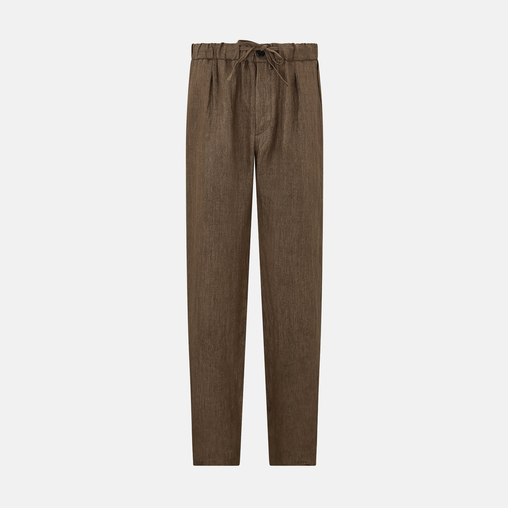 The Turnbull & Asser Pine Cone Linen Herringbone Miles Trousers feature a relaxed fit, elasticated waistband, and drawstring tie, shown against a plain white background.
