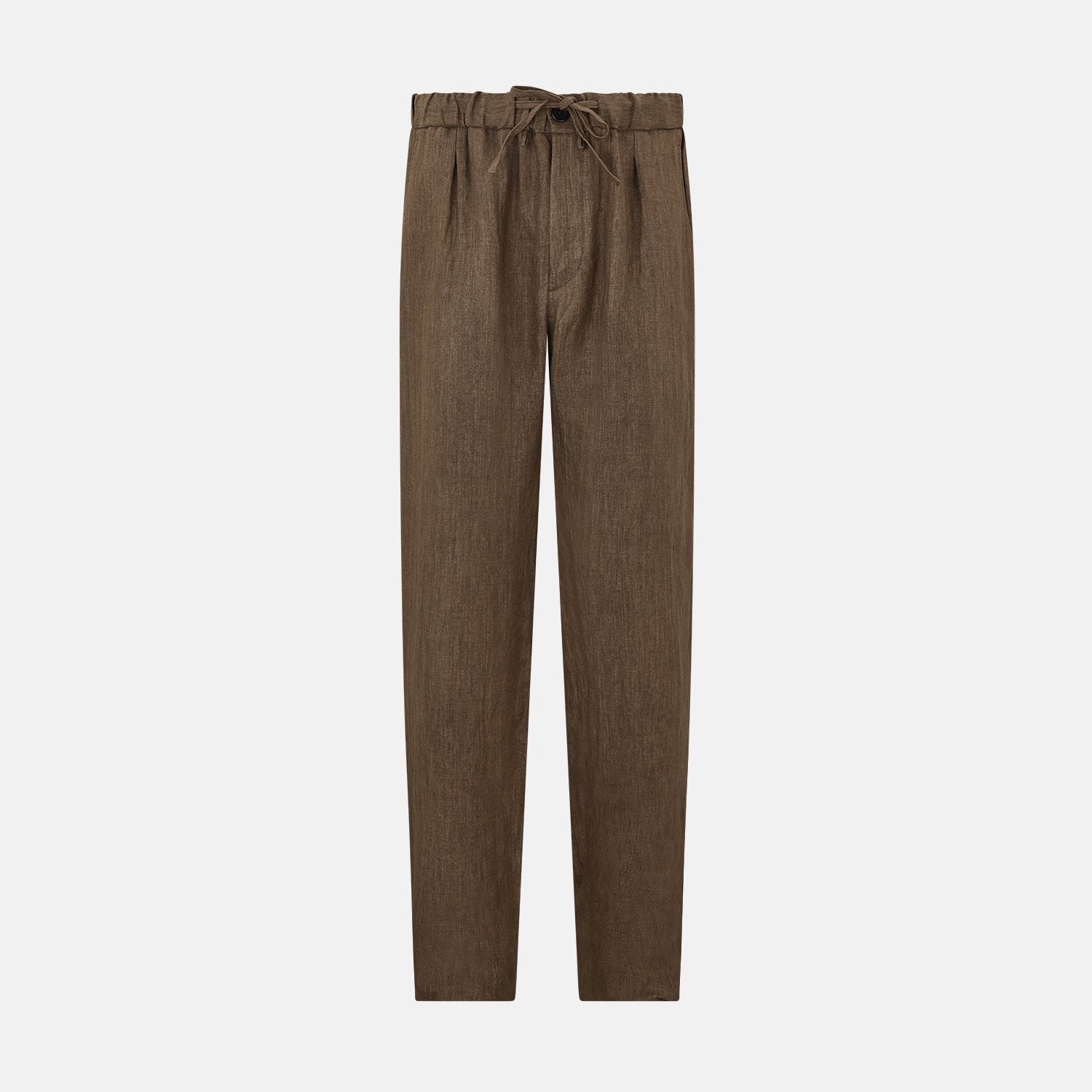 View 1 of product The Turnbull & Asser Pine Cone Linen Herringbone Miles Trousers feature a relaxed fit, elasticated waistband, and drawstring tie, shown against a plain white background.