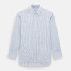 View 1 of product The Turnbull & Asser Navy Double Pinstripe Mayfair Shirt is a long-sleeve, button-up collared shirt with thin vertical blue and white stripes, shown against a plain white background.