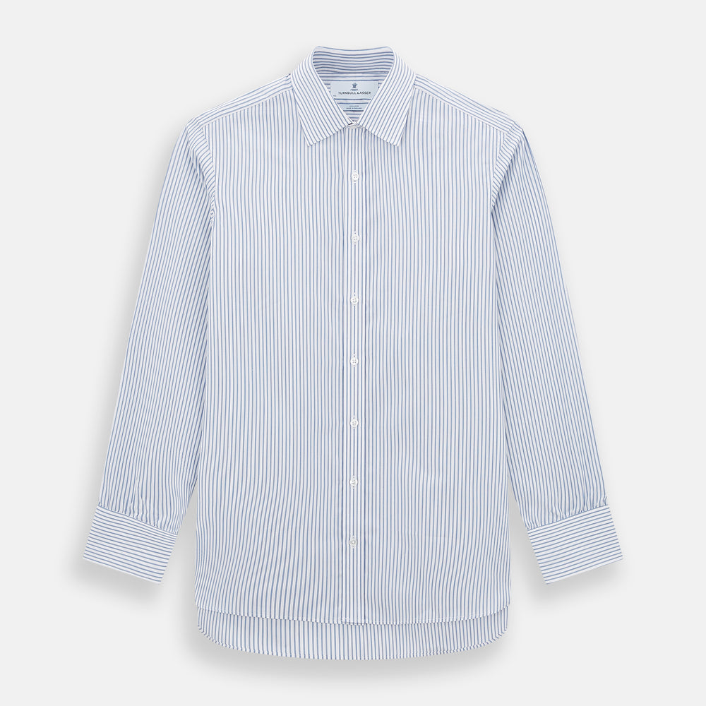 The Turnbull & Asser Navy Double Pinstripe Mayfair Shirt is a long-sleeve, button-up collared shirt with thin vertical blue and white stripes, shown against a plain white background.