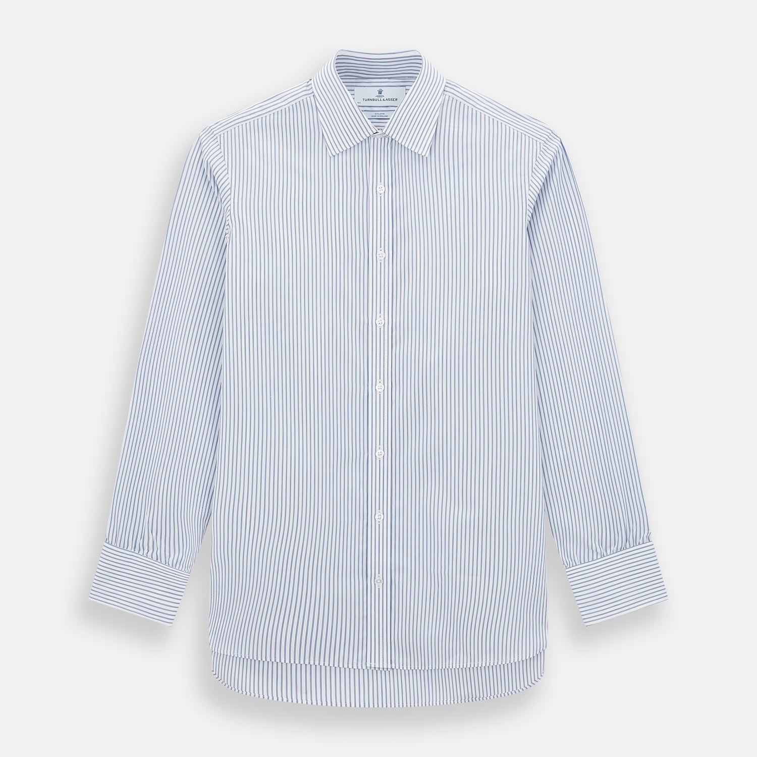 View 1 of product The Turnbull & Asser Navy Double Pinstripe Mayfair Shirt is a long-sleeve, button-up collared shirt with thin vertical blue and white stripes, shown against a plain white background.