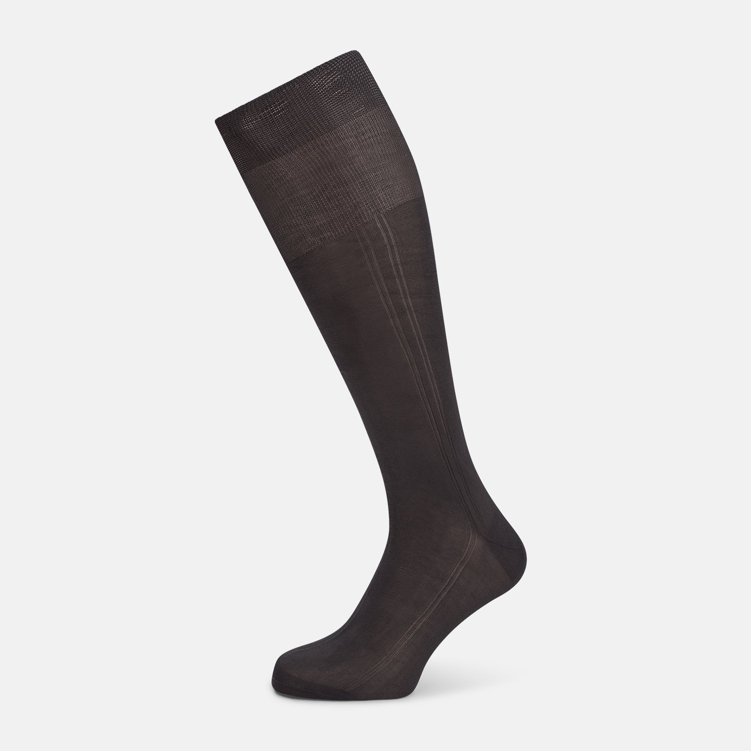 View 1 of product A single Sage Silk Long Sock by Turnbull & Asser, in black, is displayed from a side angle against a plain white background.