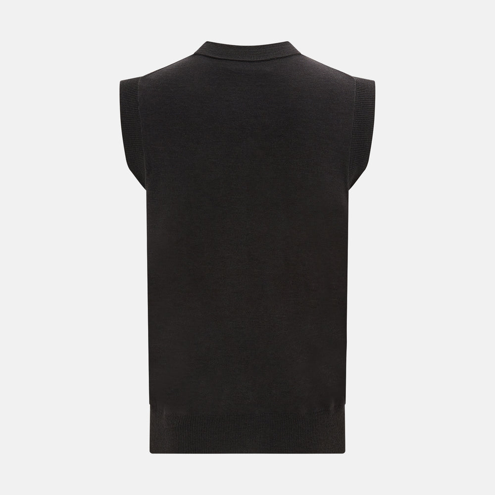 The Turnbull & Asser Dark Brown Merino V-Neck Sleeveless Cardigan features a button-up front and two pockets, styled as a men's sleeveless vest and shown on a plain white background.