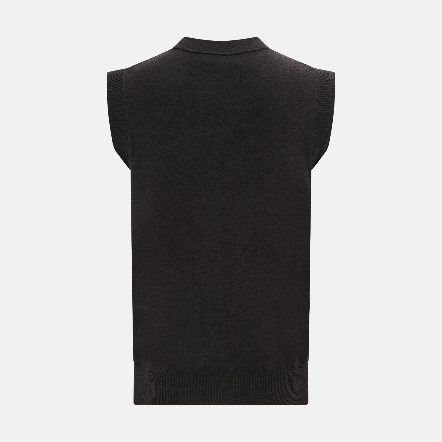 View 3 of product The Turnbull & Asser Dark Brown Merino V-Neck Sleeveless Cardigan features a button-up front and two pockets, styled as a men's sleeveless vest and shown on a plain white background.