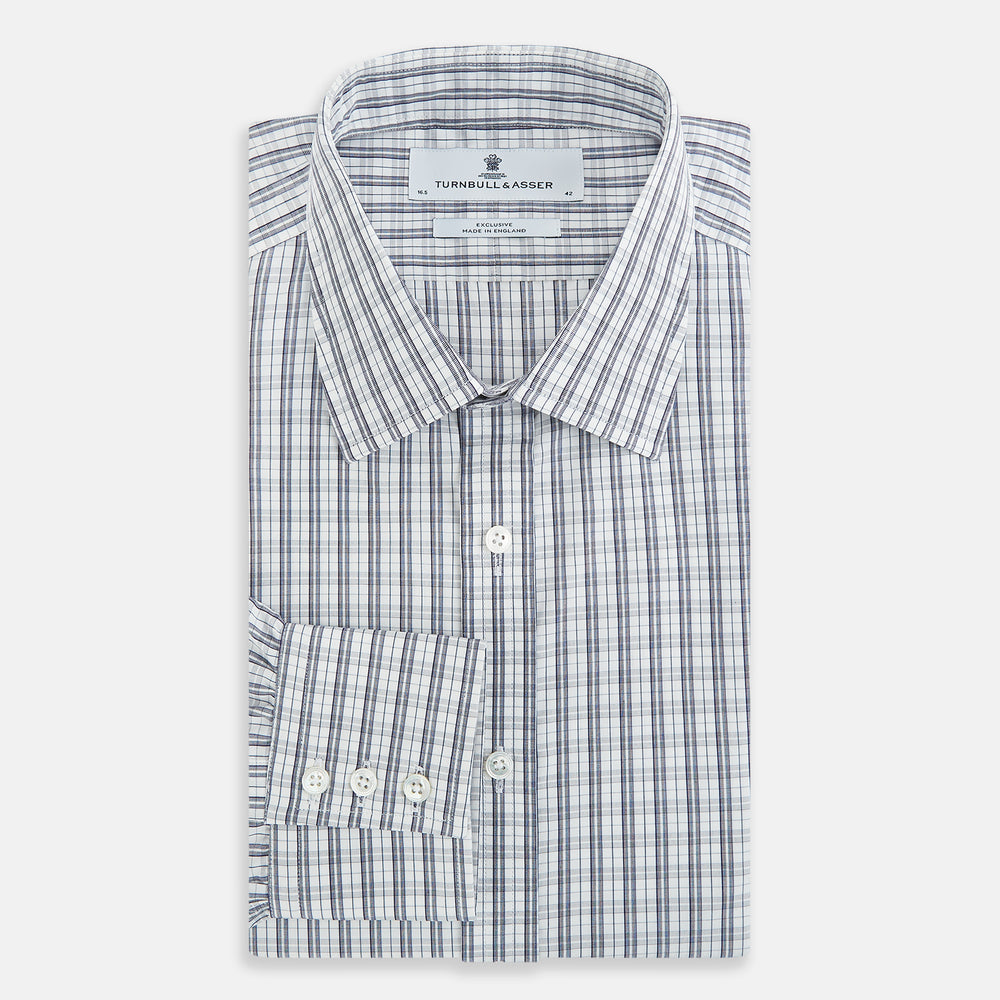 The Turnbull & Asser Navy Multi Check Mayfair Shirt is made from pure cotton with a blue and white check pattern, long sleeves, pointed collar, and buttoned cuffs, shown against a white background.