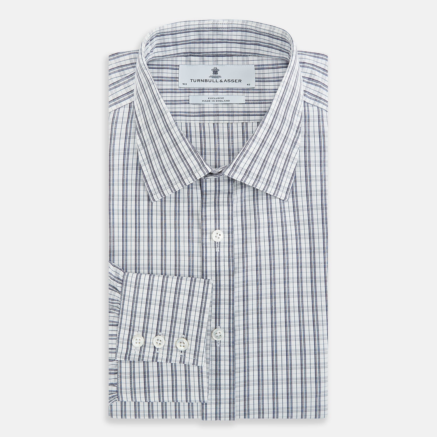 View 5 of product The Turnbull & Asser Navy Multi Check Mayfair Shirt is made from pure cotton with a blue and white check pattern, long sleeves, pointed collar, and buttoned cuffs, shown against a white background.
