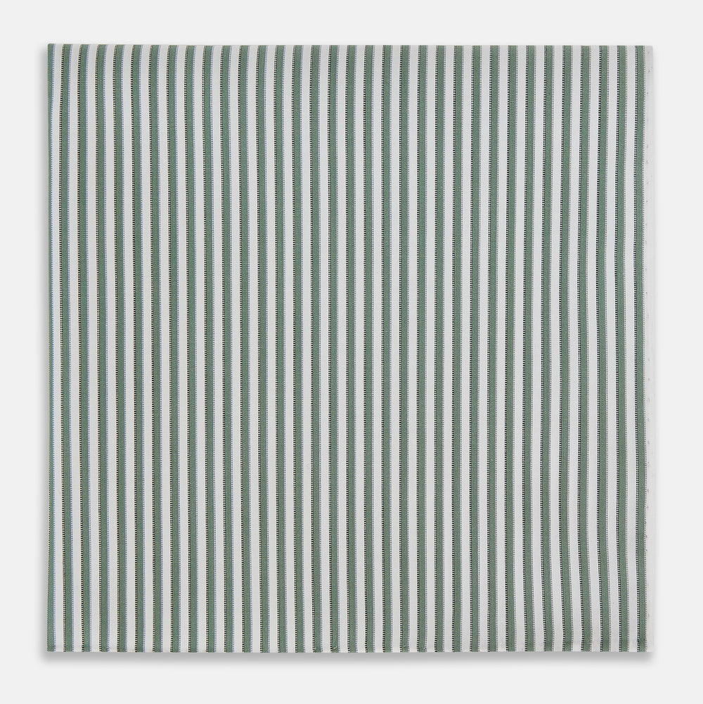 The Turnbull & Asser Melon Green Halo Stripe Hand-Rolled Handkerchief is a rectangular white cloth with evenly spaced vertical melon green stripes and hand-rolled edges, shown flat on a white background.