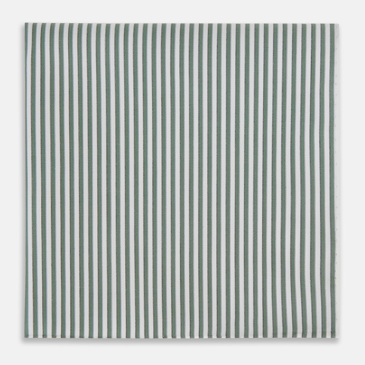 View 1 of product The Turnbull & Asser Melon Green Halo Stripe Hand-Rolled Handkerchief is a rectangular white cloth with evenly spaced vertical melon green stripes and hand-rolled edges, shown flat on a white background.