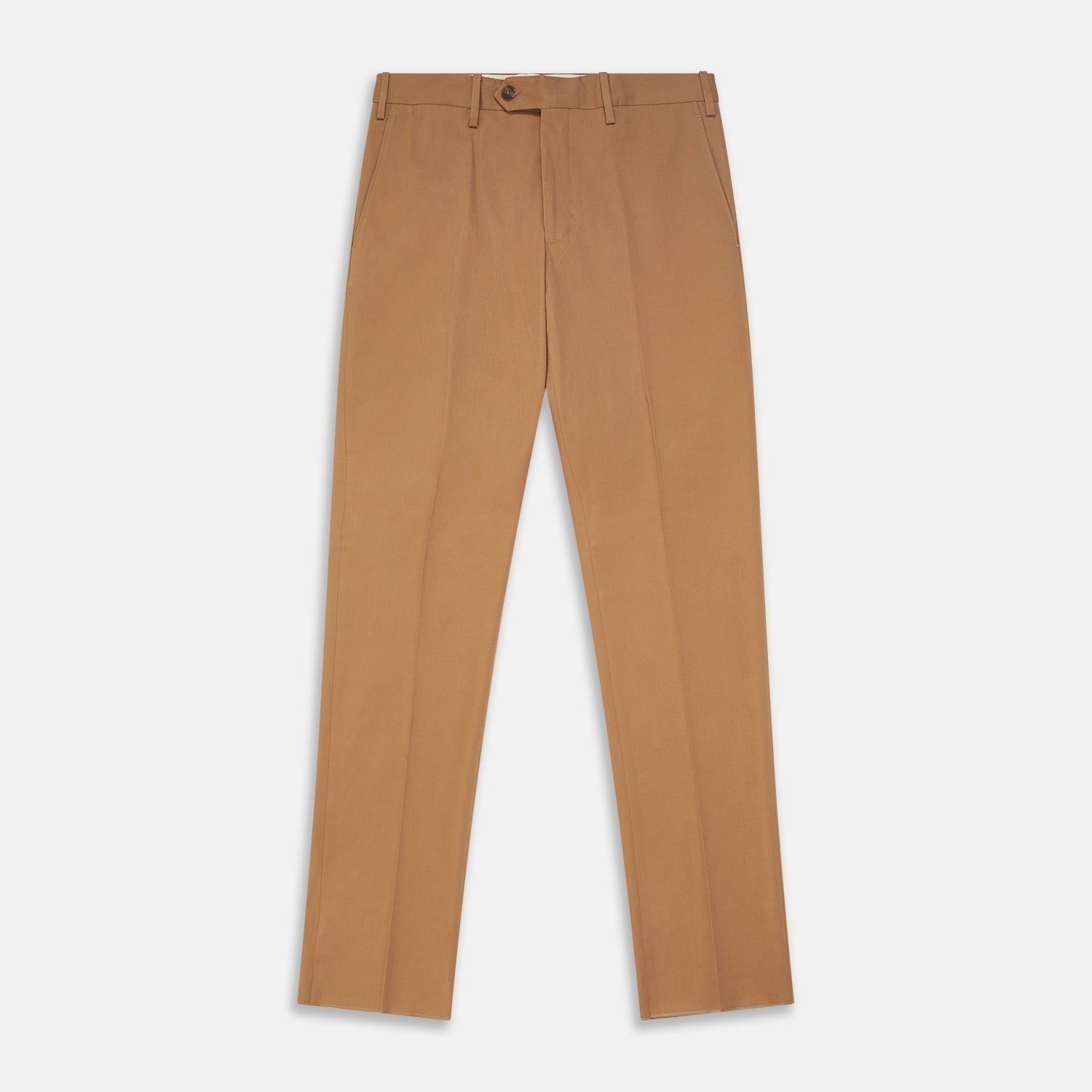 View 1 of product The Camel Front Pleated Manson Trouser by Turnbull & Asser, tailored in Italy with belt loops, front crease, side pockets, and a button closure, is shown laid flat on a white background.