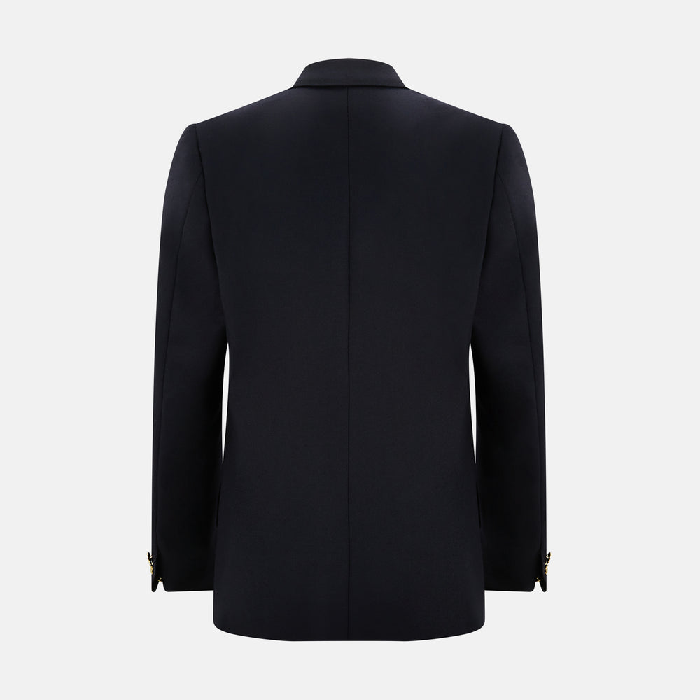 The Short Navy Single Breasted Classic Blazer by Turnbull & Asser features two gold buttons, notched lapels, and three front pockets, shown here on a plain white background.