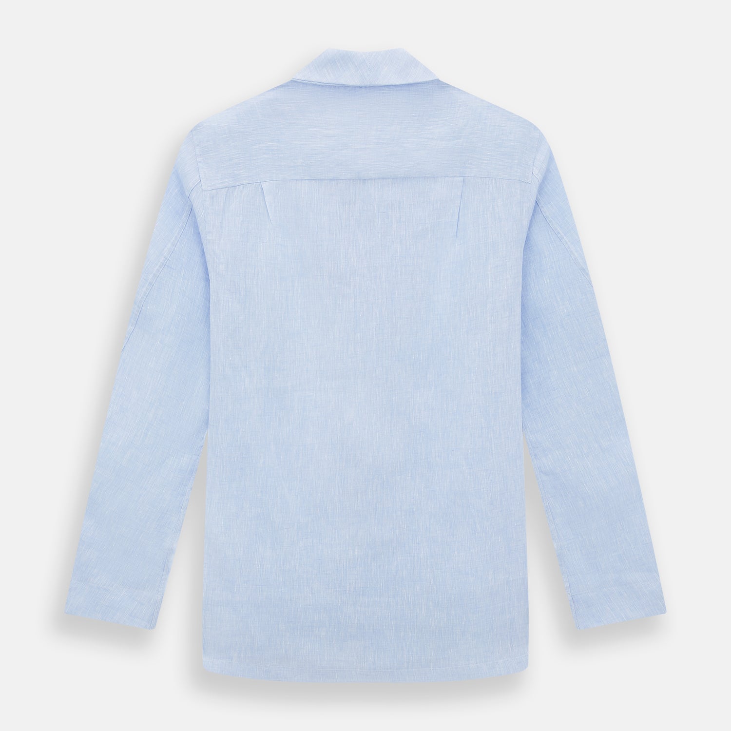 View 3 of product The Turnbull & Asser Pale Blue Linen Pyjama Shirt features long sleeves, a collar, front buttons, and a chest pocket—perfect as elegant loungewear or nightwear.