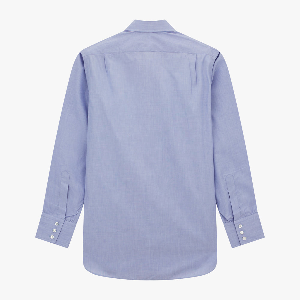 The Turnbull & Asser Blue End-on-End Cotton Shirt features a T&A collar and 3-button cuffs, perfect for pairing with a navy suit or smart ensemble, and is displayed flat against a white background.