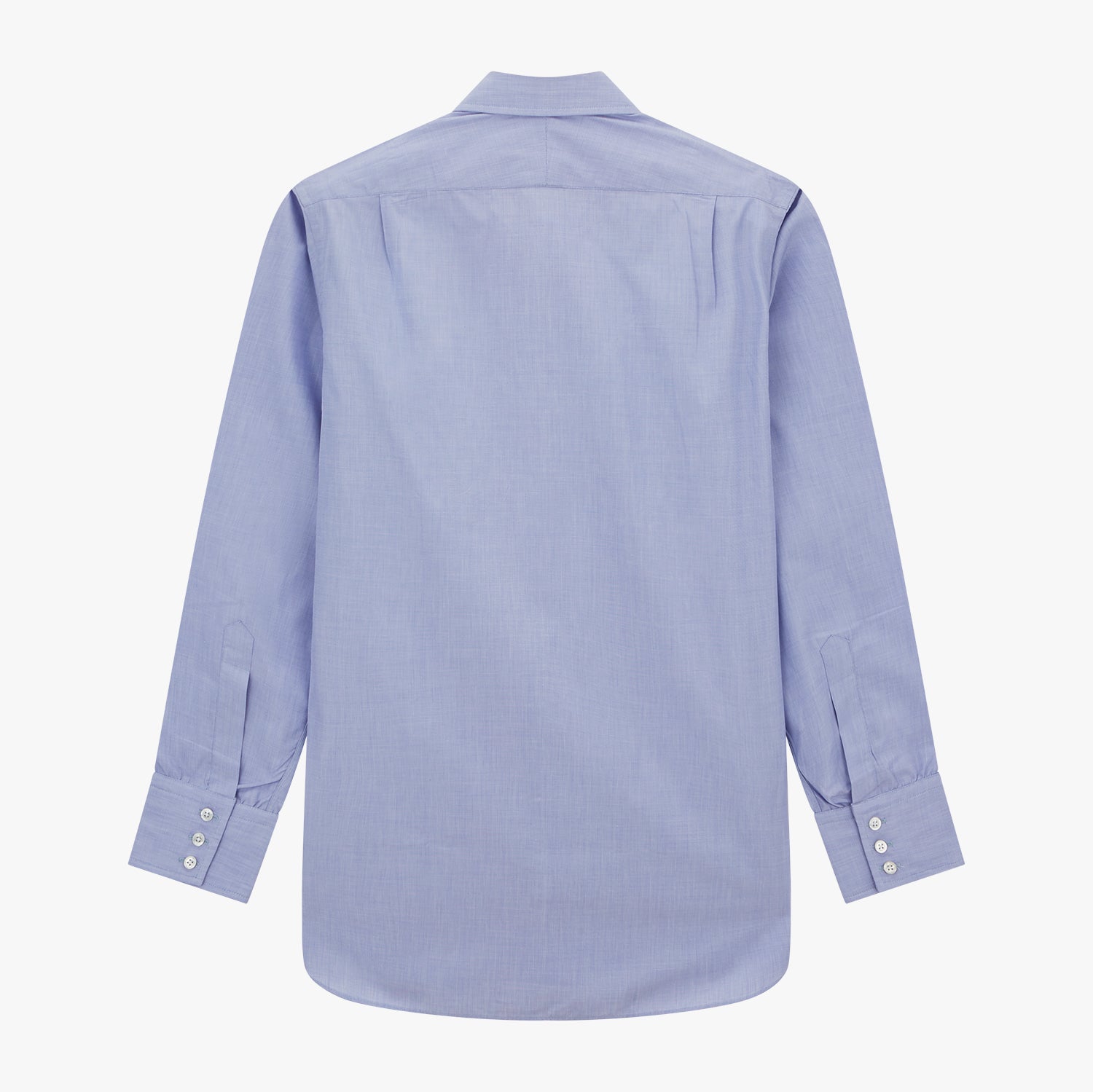 View 3 of product The Turnbull & Asser Blue End-on-End Cotton Shirt features a T&A collar and 3-button cuffs, perfect for pairing with a navy suit or smart ensemble, and is displayed flat against a white background.