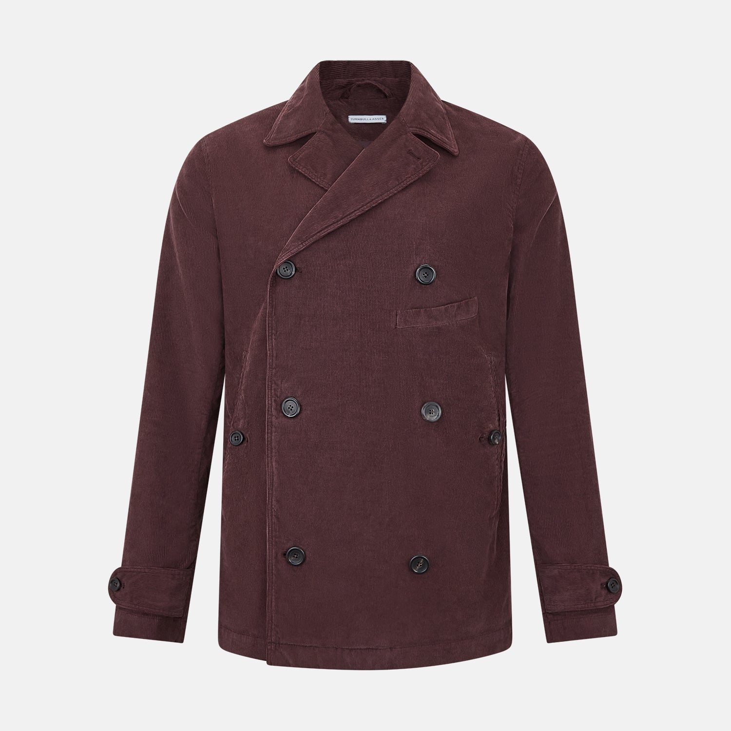 View 1 of product The Burgundy Kingston Corduroy Caban Jacket by Turnbull & Asser features black buttons, a notched collar, and front pockets. Crafted from premium cotton, it is shown on a plain white background.