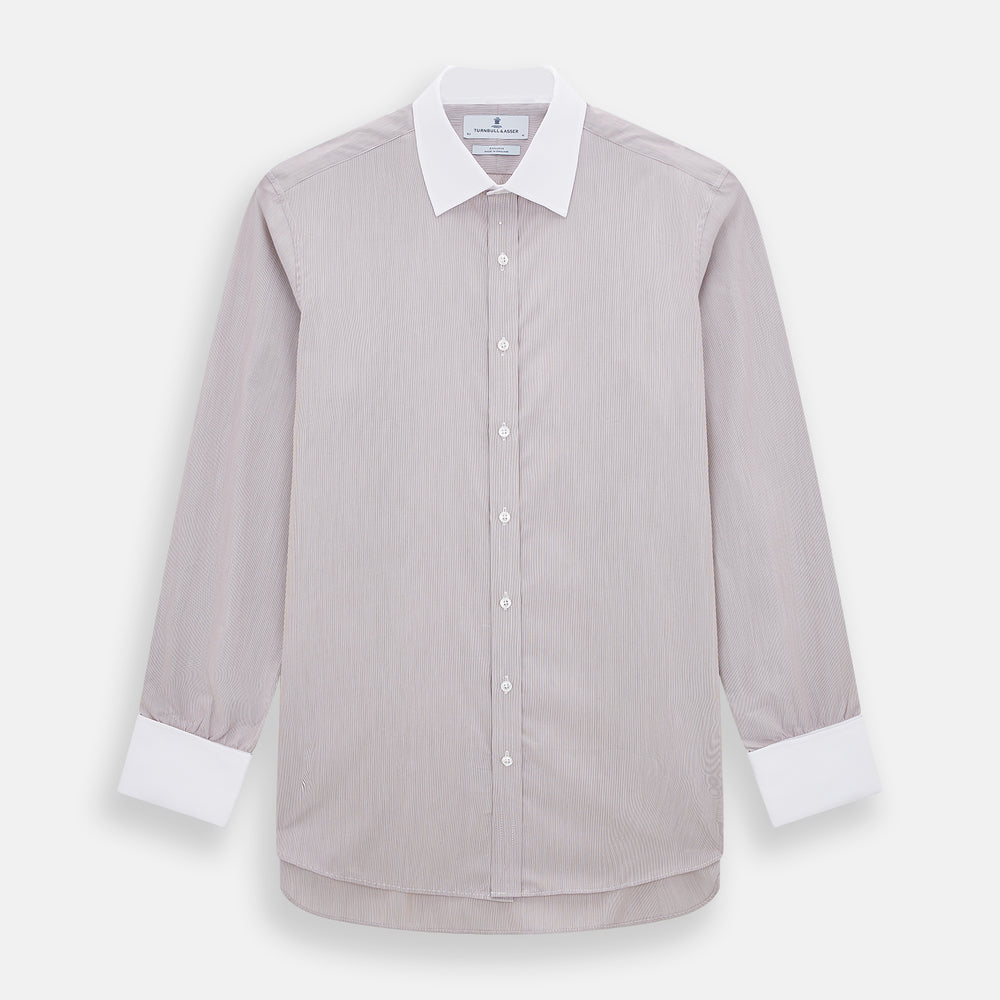 A Turnbull & Asser Burgundy Hairline Stripe Shirt with a contrast white collar and double cuffs, showcasing a tailored fit and button-down front, displayed against a plain white background.