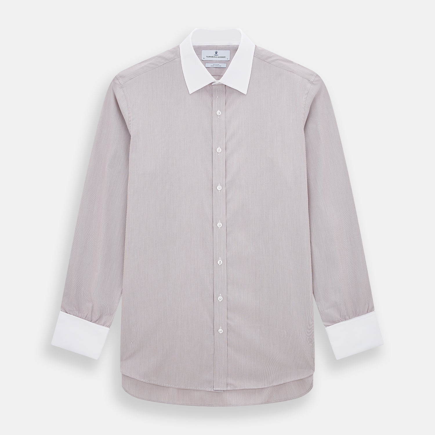 View 1 of product A Turnbull & Asser Burgundy Hairline Stripe Shirt with a contrast white collar and double cuffs, showcasing a tailored fit and button-down front, displayed against a plain white background.