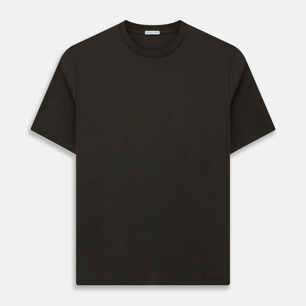 The Turnbull & Asser Dark Chocolate Short-Sleeve T-shirt, shown flat on a white background, features a crew neckline and relaxed fit—offering versatile style and premium comfort for any wardrobe.