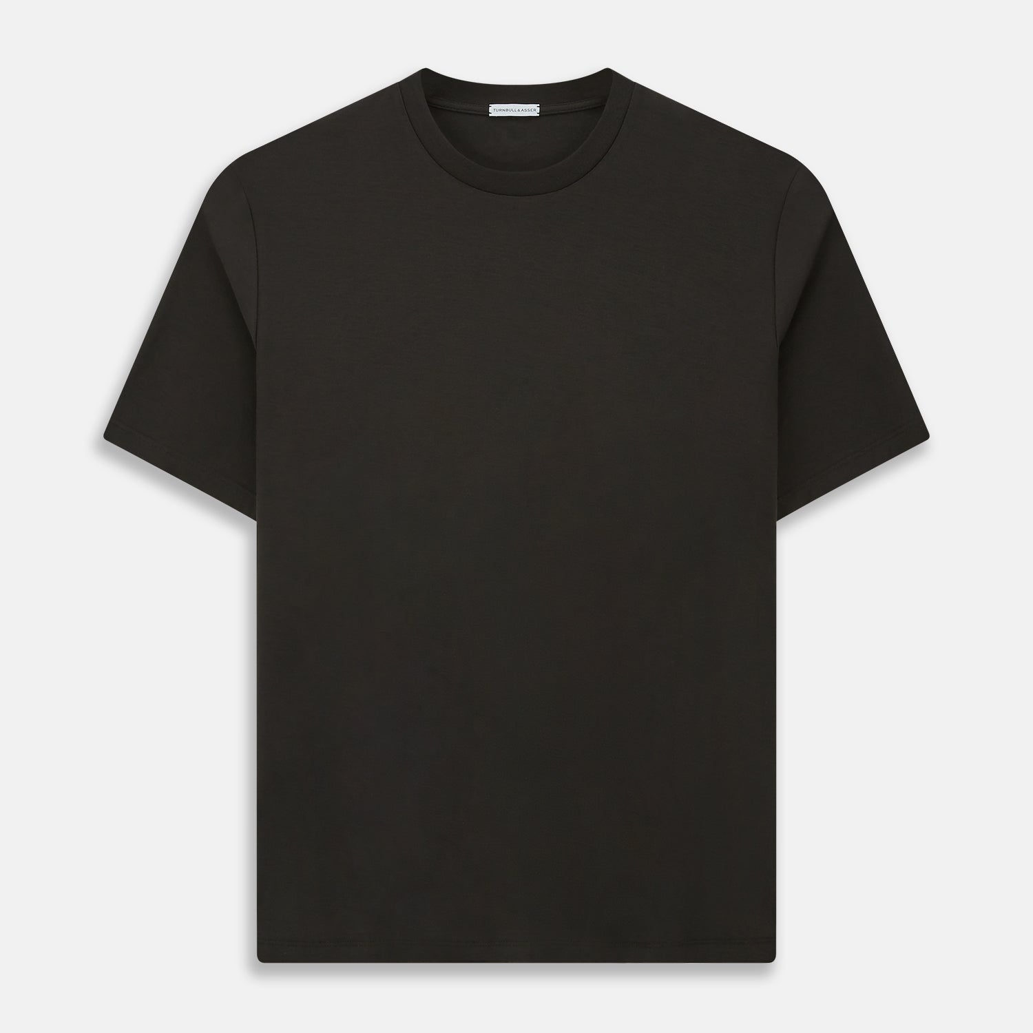 View 1 of product The Turnbull & Asser Dark Chocolate Short-Sleeve T-shirt, shown flat on a white background, features a crew neckline and relaxed fit—offering versatile style and premium comfort for any wardrobe.