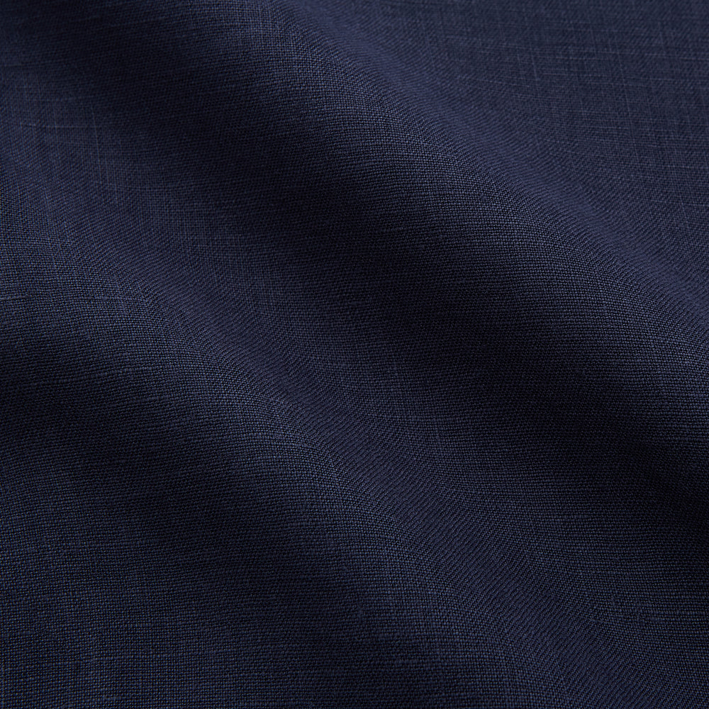 The Turnbull & Asser Navy Hemp Holiday Fit Winnington Shirt is a long-sleeve, button-up shirt with a single chest pocket, shown laid flat on a white background.