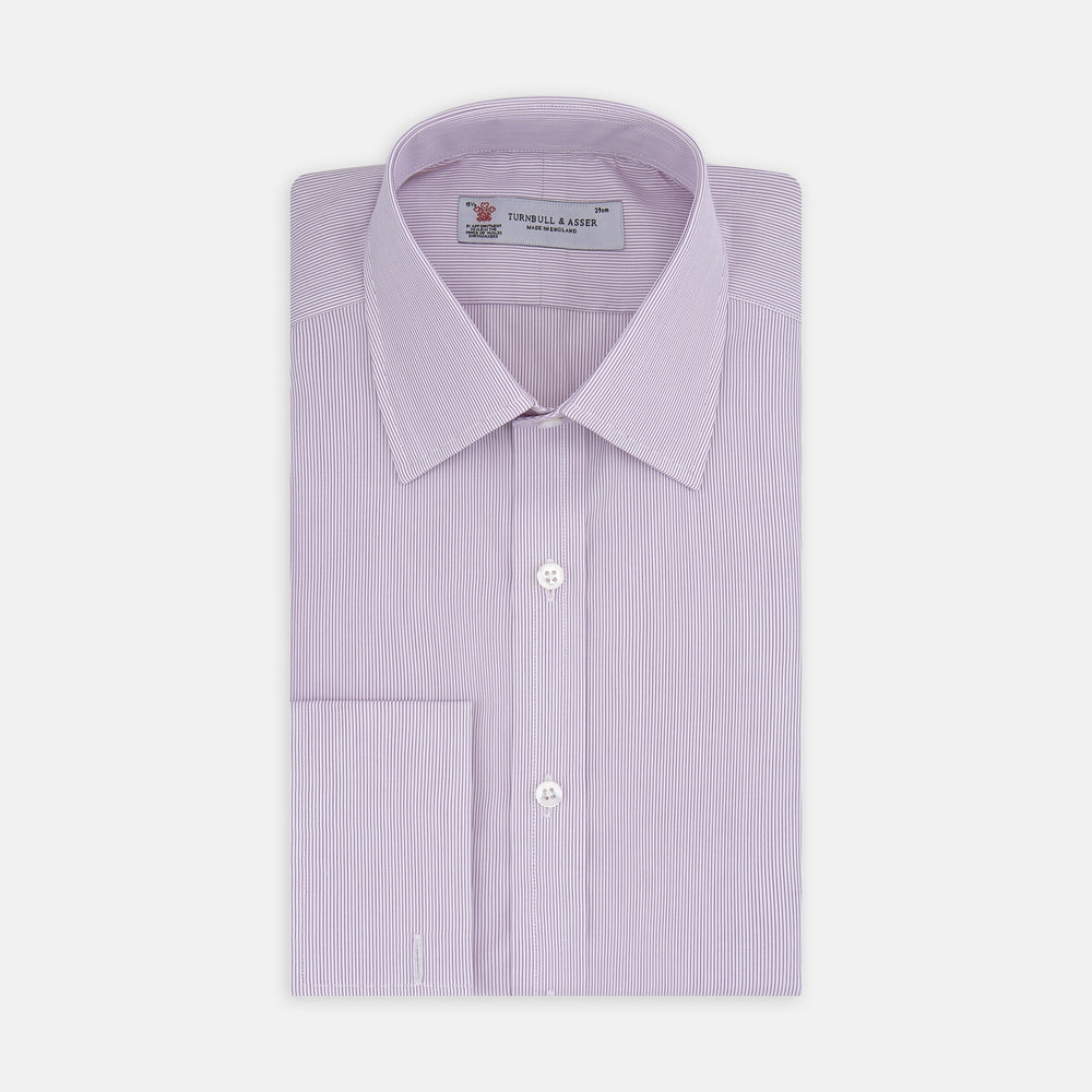 The Turnbull & Asser Hair Stripe Poplin Classic Fit Shirt features a T & A collar, long sleeves, light pink stripes, and ethically sourced mother-of-pearl buttons, crafted from quality cotton and displayed on a plain white background.