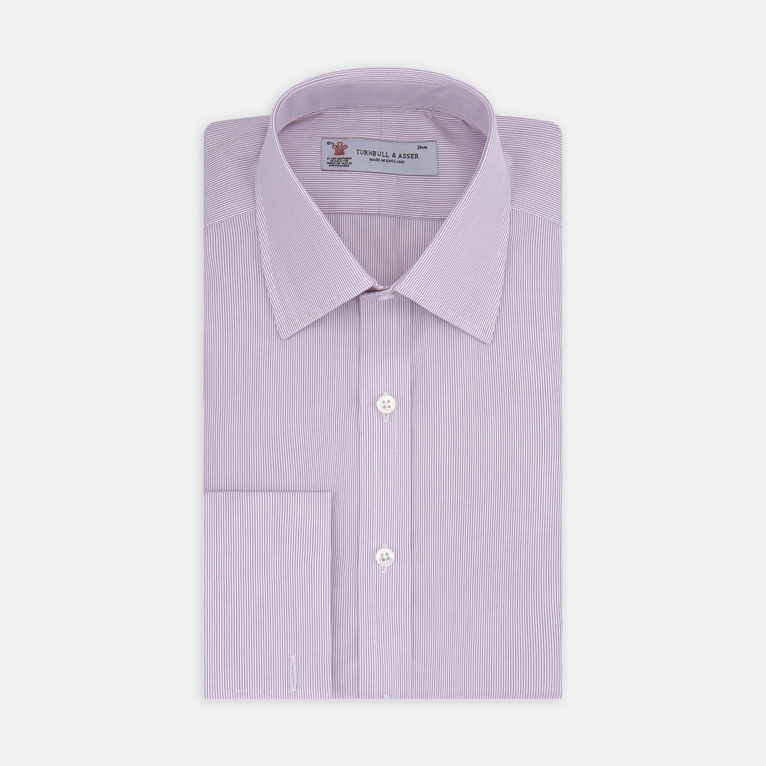 View 1 of product The Turnbull & Asser Hair Stripe Poplin Classic Fit Shirt features a T & A collar, long sleeves, light pink stripes, and ethically sourced mother-of-pearl buttons, crafted from quality cotton and displayed on a plain white background.