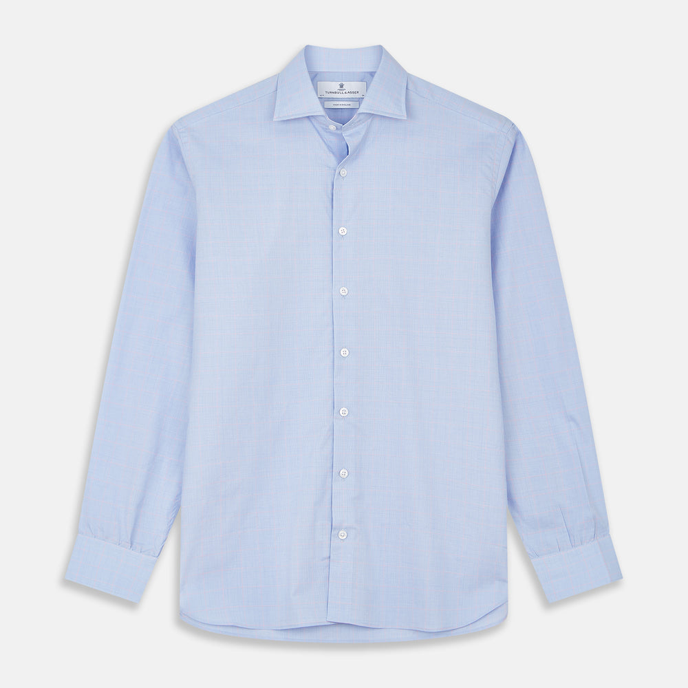 Turnbull & Asser Blue and Pink Prince of Wales Check Belgravia Shirt with a classic collar, button-down front, and buttoned cuffs—perfect as a formal shirt for any occasion.