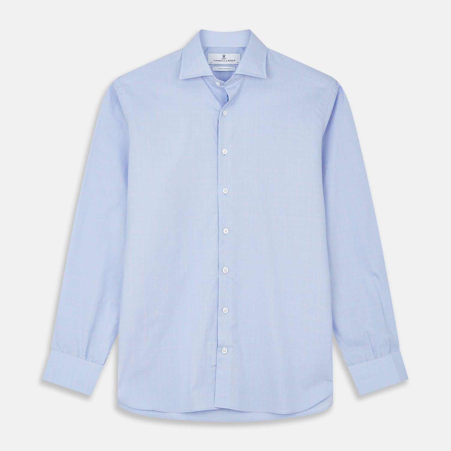 View 1 of product Turnbull & Asser Blue and Pink Prince of Wales Check Belgravia Shirt with a classic collar, button-down front, and buttoned cuffs—perfect as a formal shirt for any occasion.