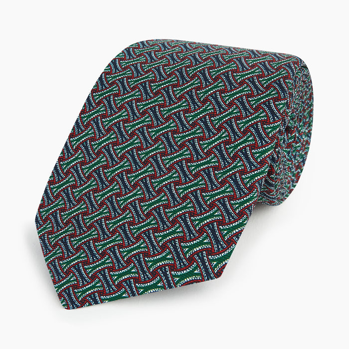 Forest Green and Red Weave-Patterned Printed Silk Tie Image 4