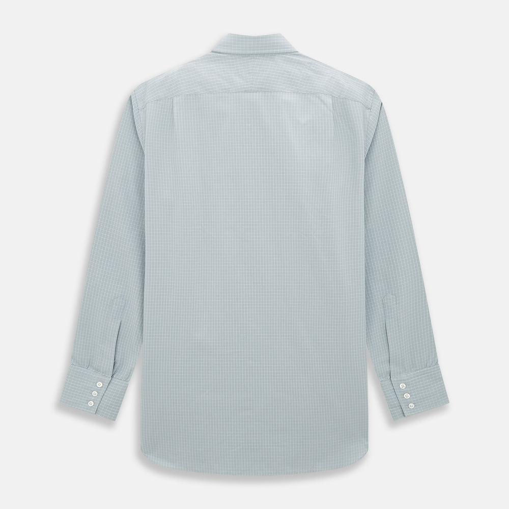 Turnbull & Asser Pale Blue Fine Check Mayfair Shirt—a long-sleeve button-up with classic collar, buttoned cuffs, white buttons, and a subtle check pattern in sanforised cotton—displayed on a white background.