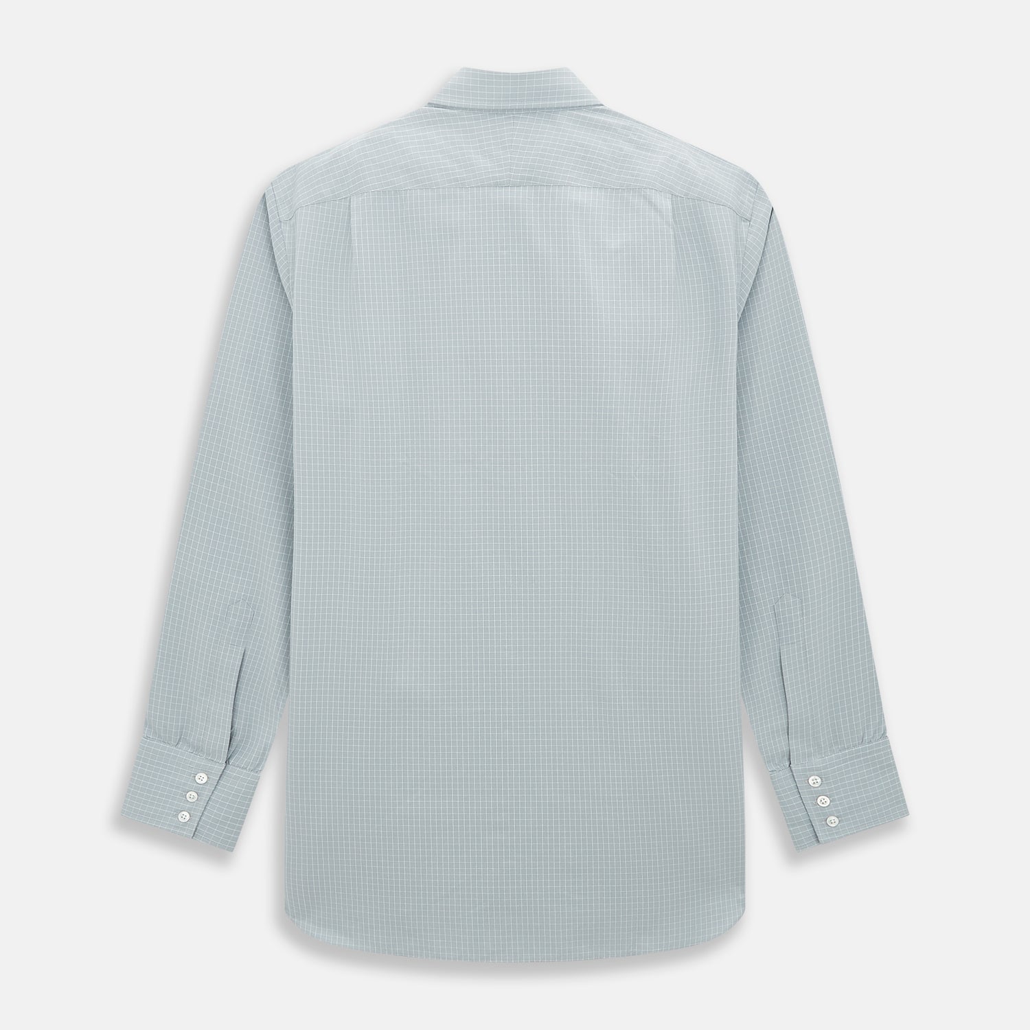 View 3 of product Turnbull & Asser Pale Blue Fine Check Mayfair Shirt—a long-sleeve button-up with classic collar, buttoned cuffs, white buttons, and a subtle check pattern in sanforised cotton—displayed on a white background.