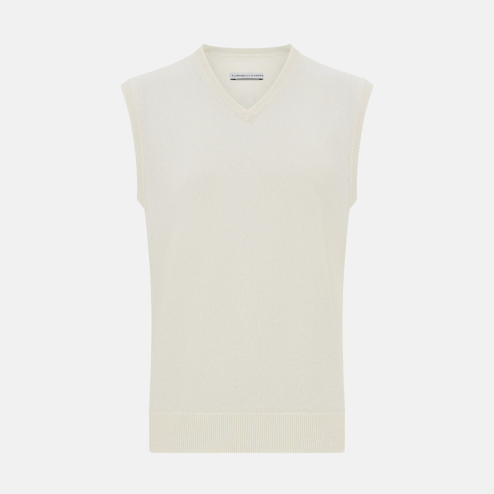 The Turnbull & Asser Ivory Cashmere V-neck Vest is a sleeveless, sophisticated knit pullover shown against a plain white background.
